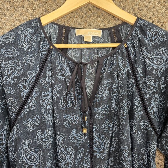 Michael Kors Top‎ Womens XS Blue Paisley Print Oversized Peasant Blouse Neck Tie - Picture 4 of 7